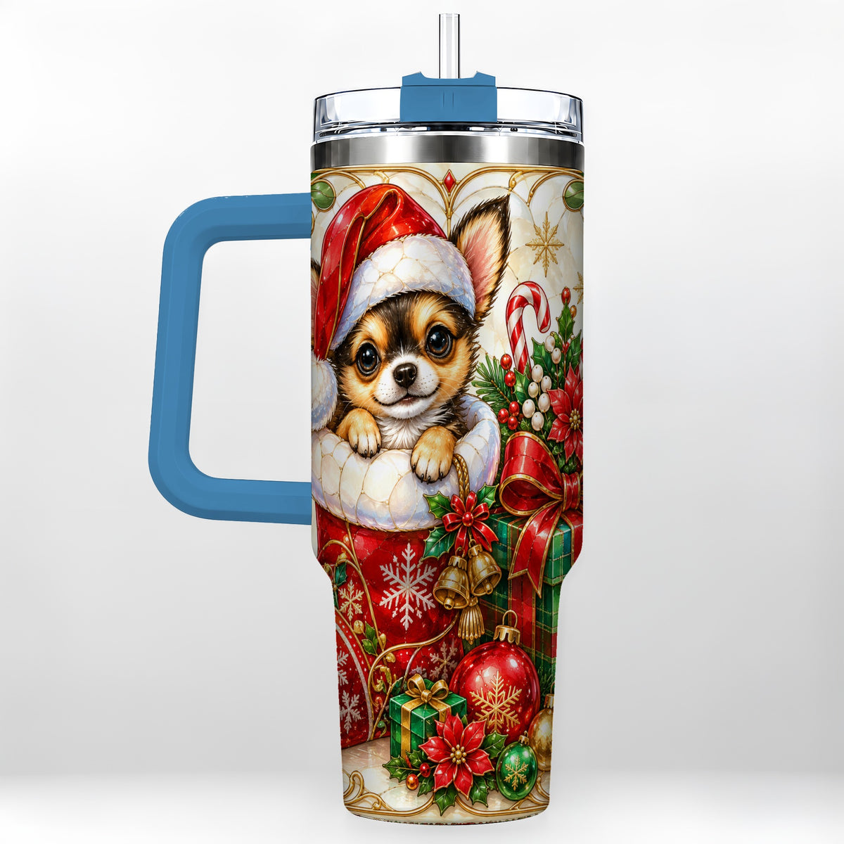 #pl[40oz|Blue] Stained Glass Chihuahua 40oz Tumbler with Handle, Christmas Dog Art