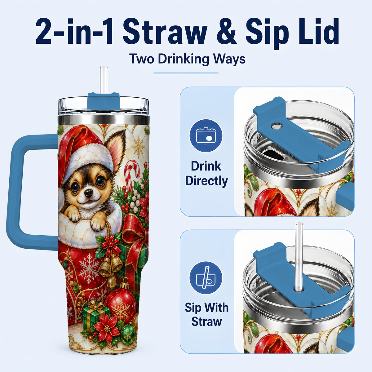 #pl[40oz|Blue] Stained Glass Chihuahua 40oz Tumbler with Handle, Christmas Dog Art