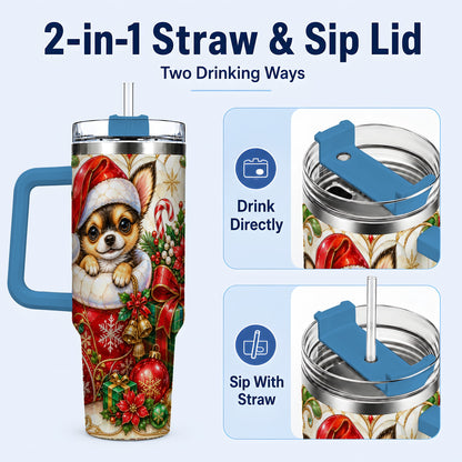 #pl[40oz|Blue] Stained Glass Chihuahua 40oz Tumbler with Handle, Christmas Dog Art