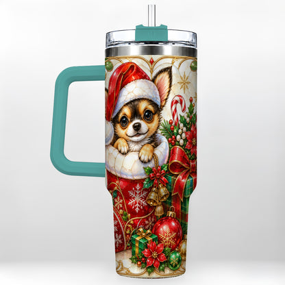 #pl[40oz|Green] Stained Glass Chihuahua 40oz Tumbler with Handle, Christmas Dog Art