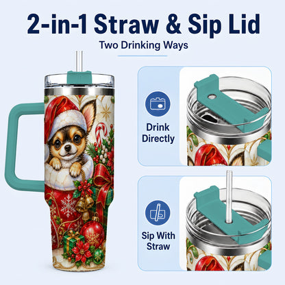#pl[40oz|Green] Stained Glass Chihuahua 40oz Tumbler with Handle, Christmas Dog Art