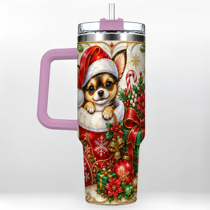 #pl[40oz|Pink] Stained Glass Chihuahua 40oz Tumbler with Handle, Christmas Dog Art