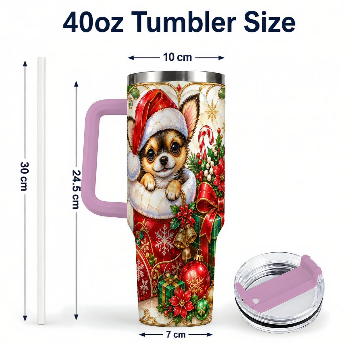 #pl[40oz|Pink] Stained Glass Chihuahua 40oz Tumbler with Handle, Christmas Dog Art