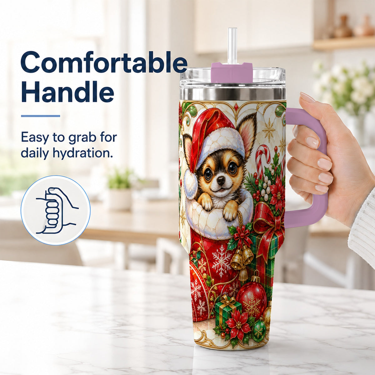 #pl[40oz|Pink] Stained Glass Chihuahua 40oz Tumbler with Handle, Christmas Dog Art