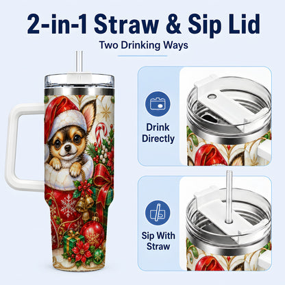 #pl[40oz|White] Stained Glass Chihuahua 40oz Tumbler with Handle, Christmas Dog Art