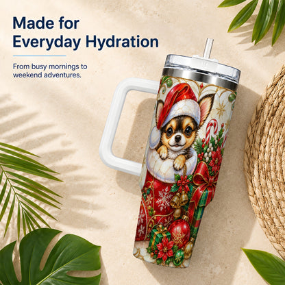 Stained Glass Chihuahua 40oz Tumbler with Handle, Christmas Dog Art