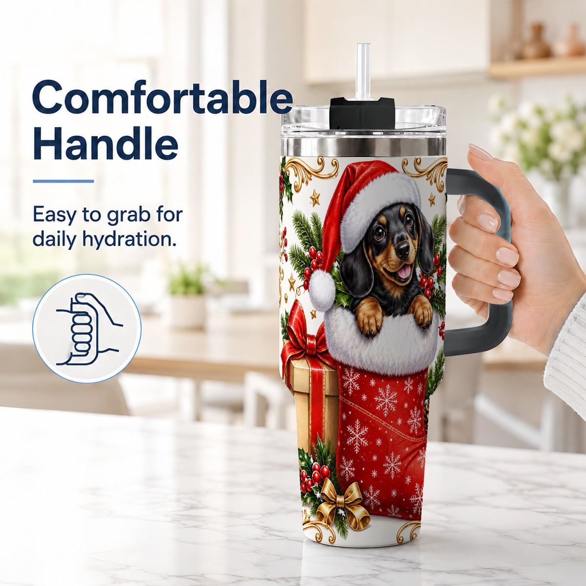 #pl[40oz|Black] Christmas Dachshund 40oz Tumbler with Handle, Santa Wiener Dog Art