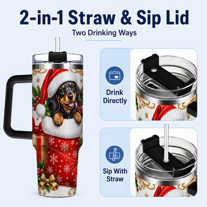 #pl[40oz|Black] Christmas Dachshund 40oz Tumbler with Handle, Santa Wiener Dog Art