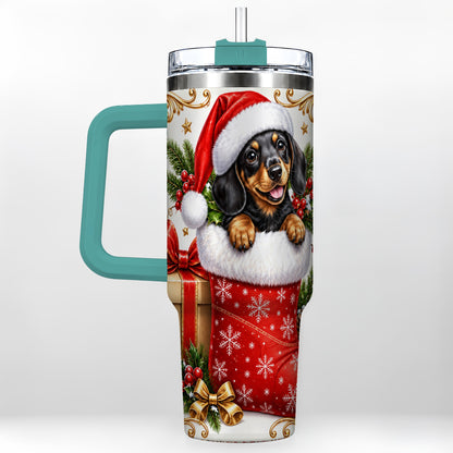 #pl[40oz|Green] Christmas Dachshund 40oz Tumbler with Handle, Santa Wiener Dog Art