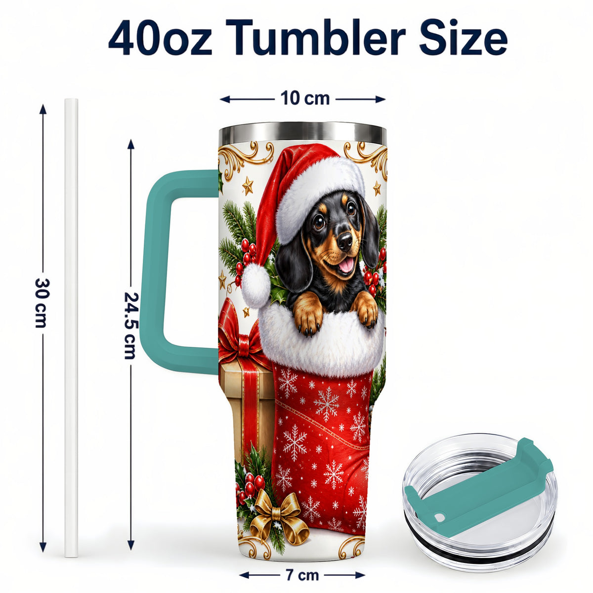 #pl[40oz|Green] Christmas Dachshund 40oz Tumbler with Handle, Santa Wiener Dog Art