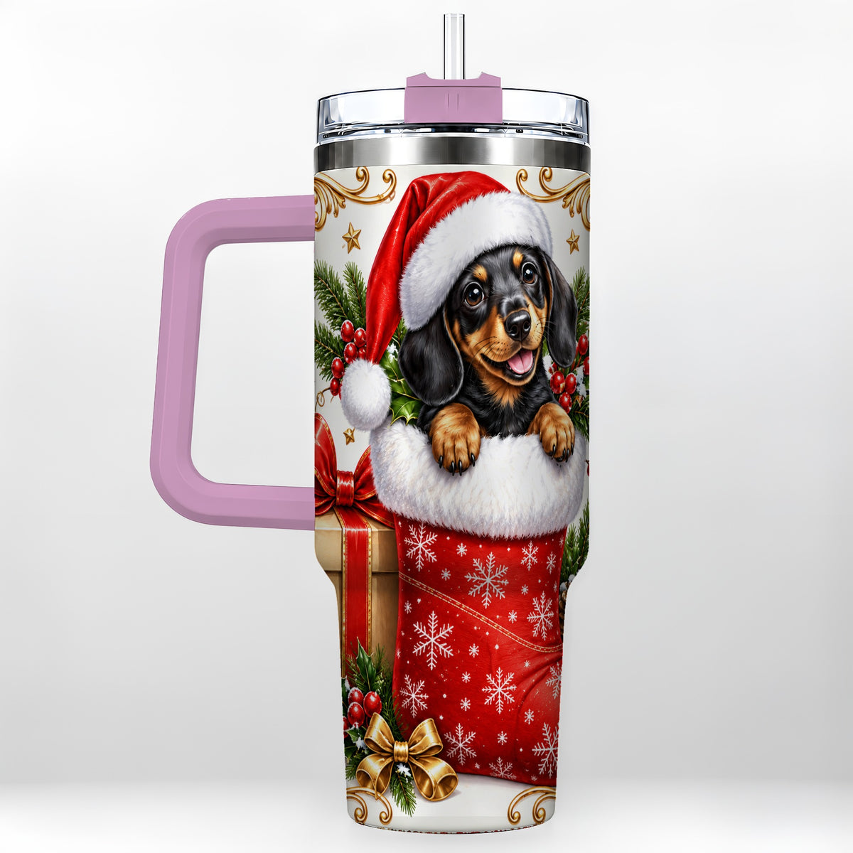 #pl[40oz|Pink] Christmas Dachshund 40oz Tumbler with Handle, Santa Wiener Dog Art