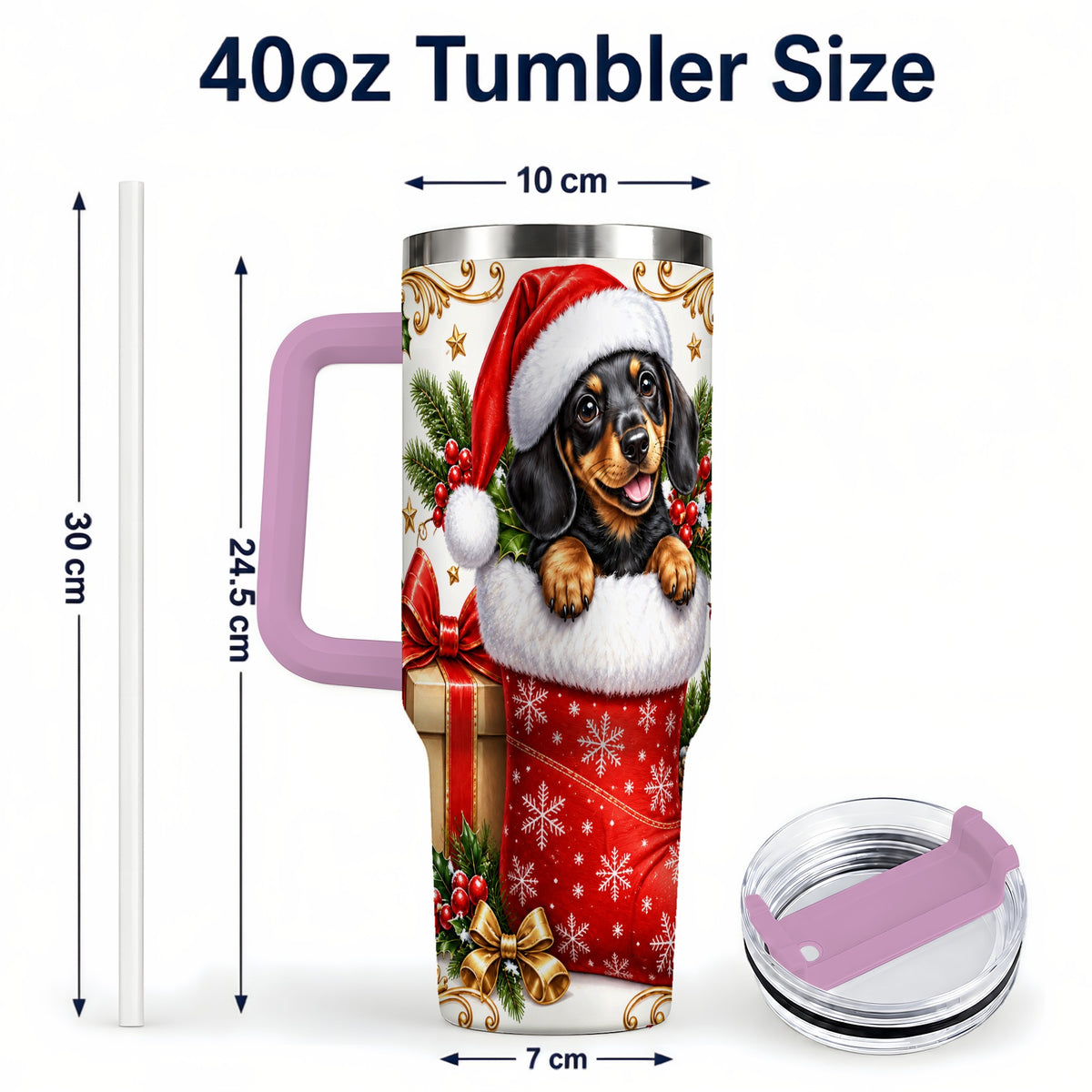 #pl[40oz|Pink] Christmas Dachshund 40oz Tumbler with Handle, Santa Wiener Dog Art