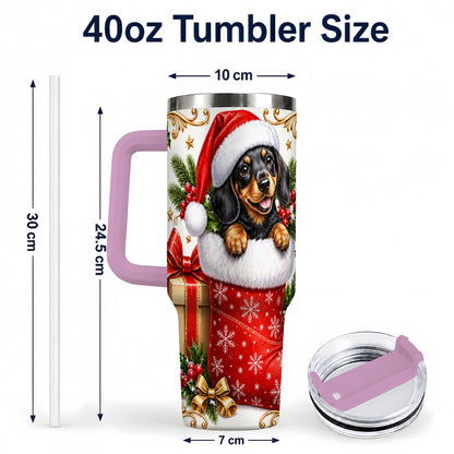 #pl[40oz|Pink] Christmas Dachshund 40oz Tumbler with Handle, Santa Wiener Dog Art