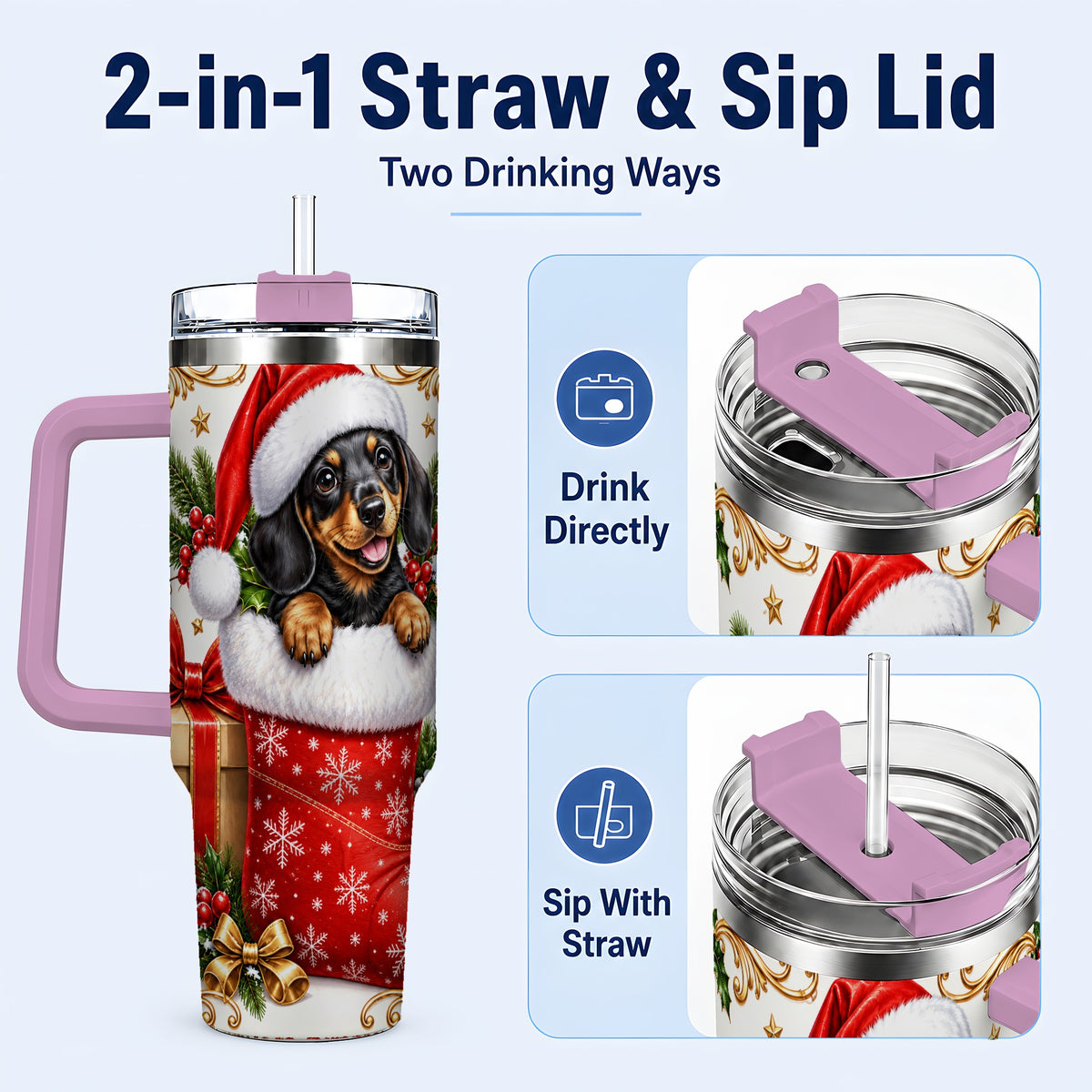 #pl[40oz|Pink] Christmas Dachshund 40oz Tumbler with Handle, Santa Wiener Dog Art