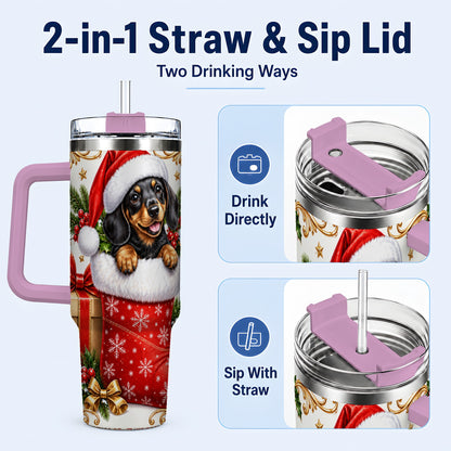 #pl[40oz|Pink] Christmas Dachshund 40oz Tumbler with Handle, Santa Wiener Dog Art