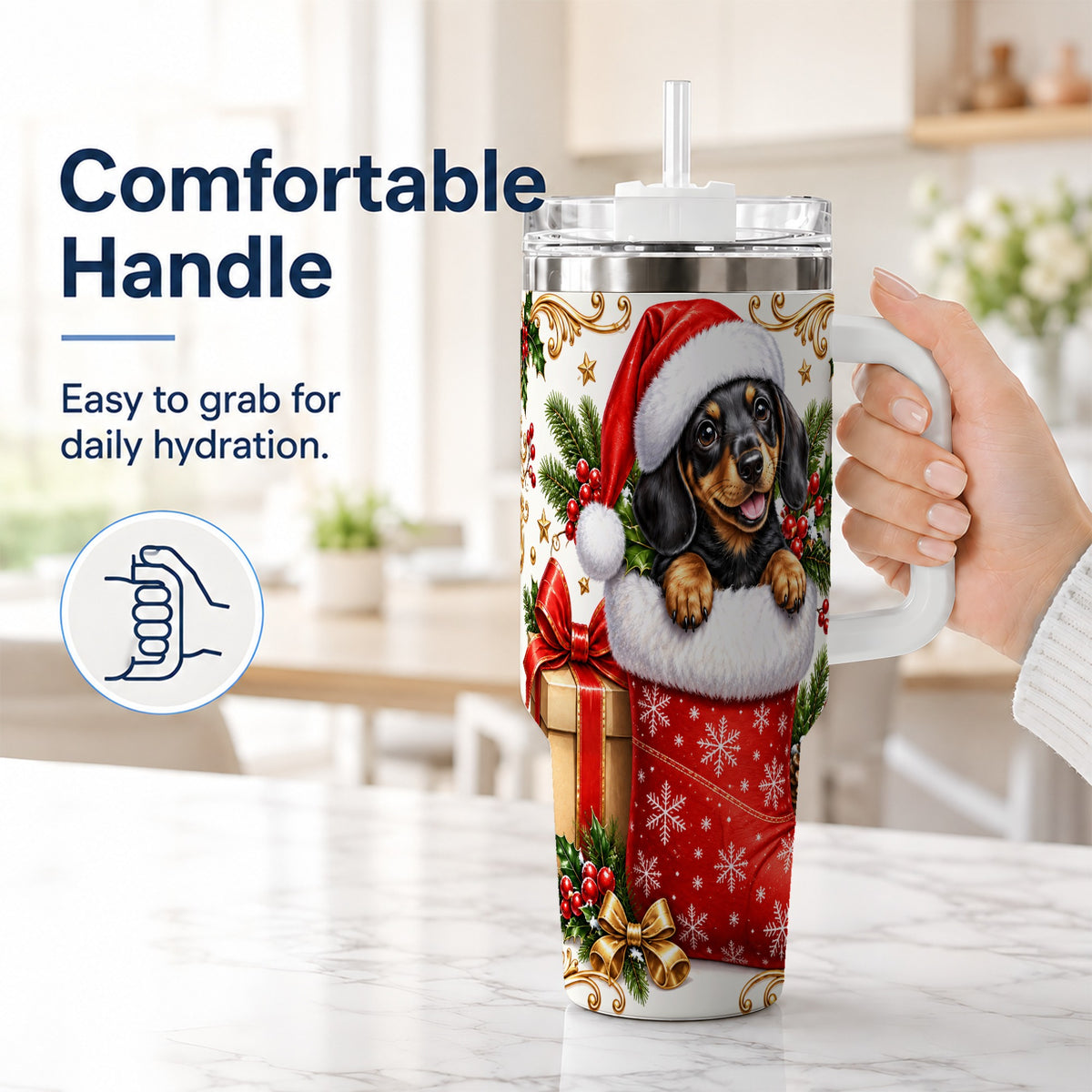 #pl[40oz|White] Christmas Dachshund 40oz Tumbler with Handle, Santa Wiener Dog Art