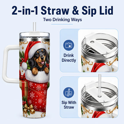 #pl[40oz|White] Christmas Dachshund 40oz Tumbler with Handle, Santa Wiener Dog Art