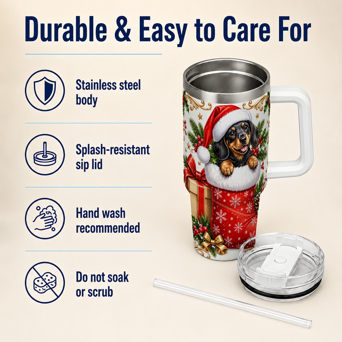 Christmas Dachshund 40oz Tumbler with Handle, Santa Wiener Dog Art