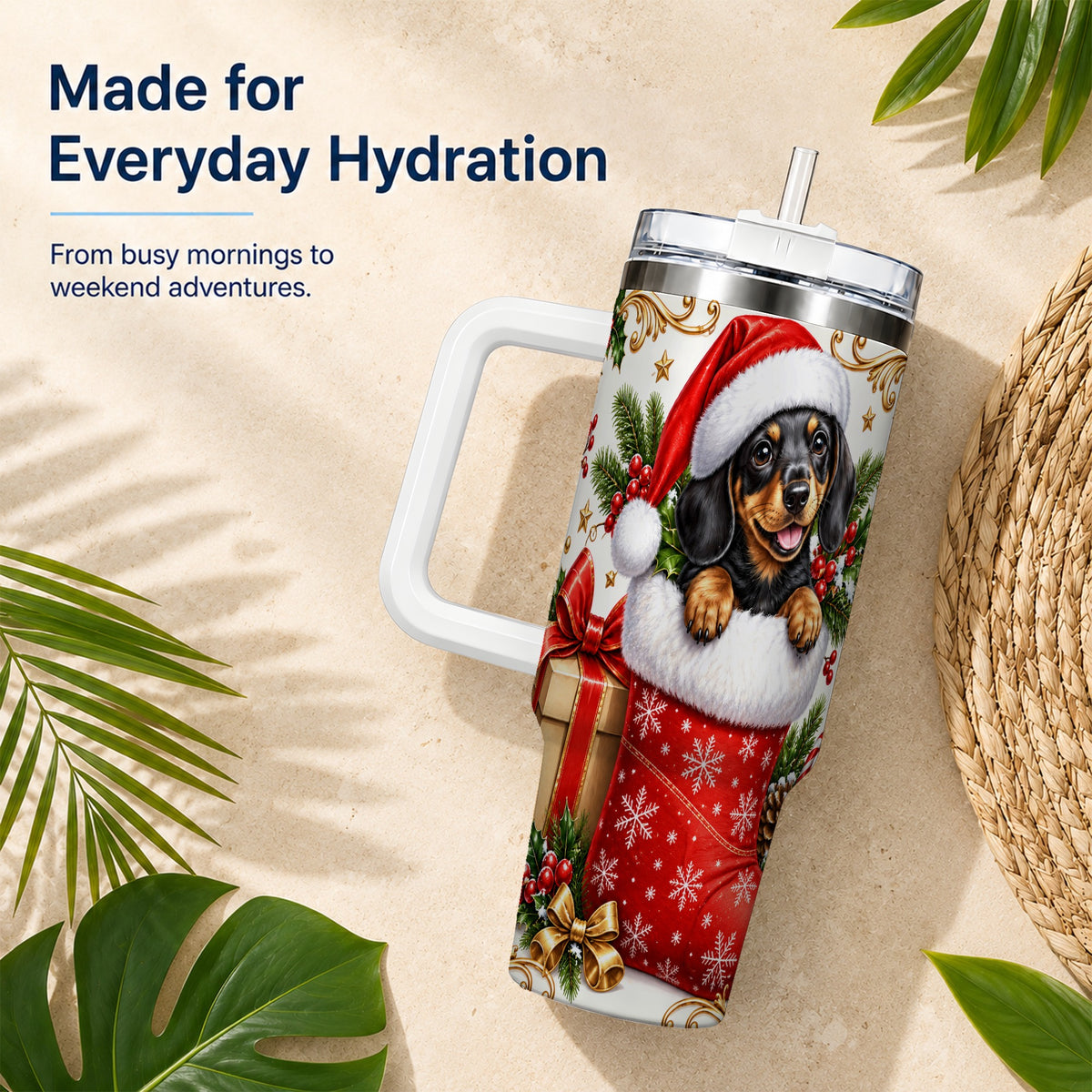 Christmas Dachshund 40oz Tumbler with Handle, Santa Wiener Dog Art
