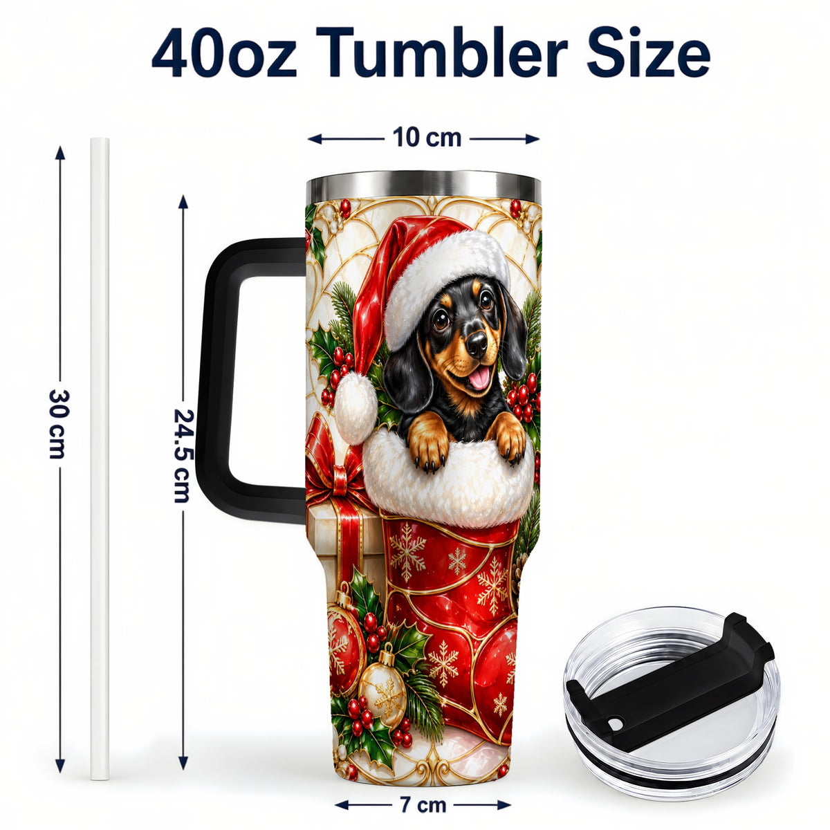 #pl[40oz|Black] Stained Glass Dachshund 40oz Tumbler with Handle, Christmas Dog Art