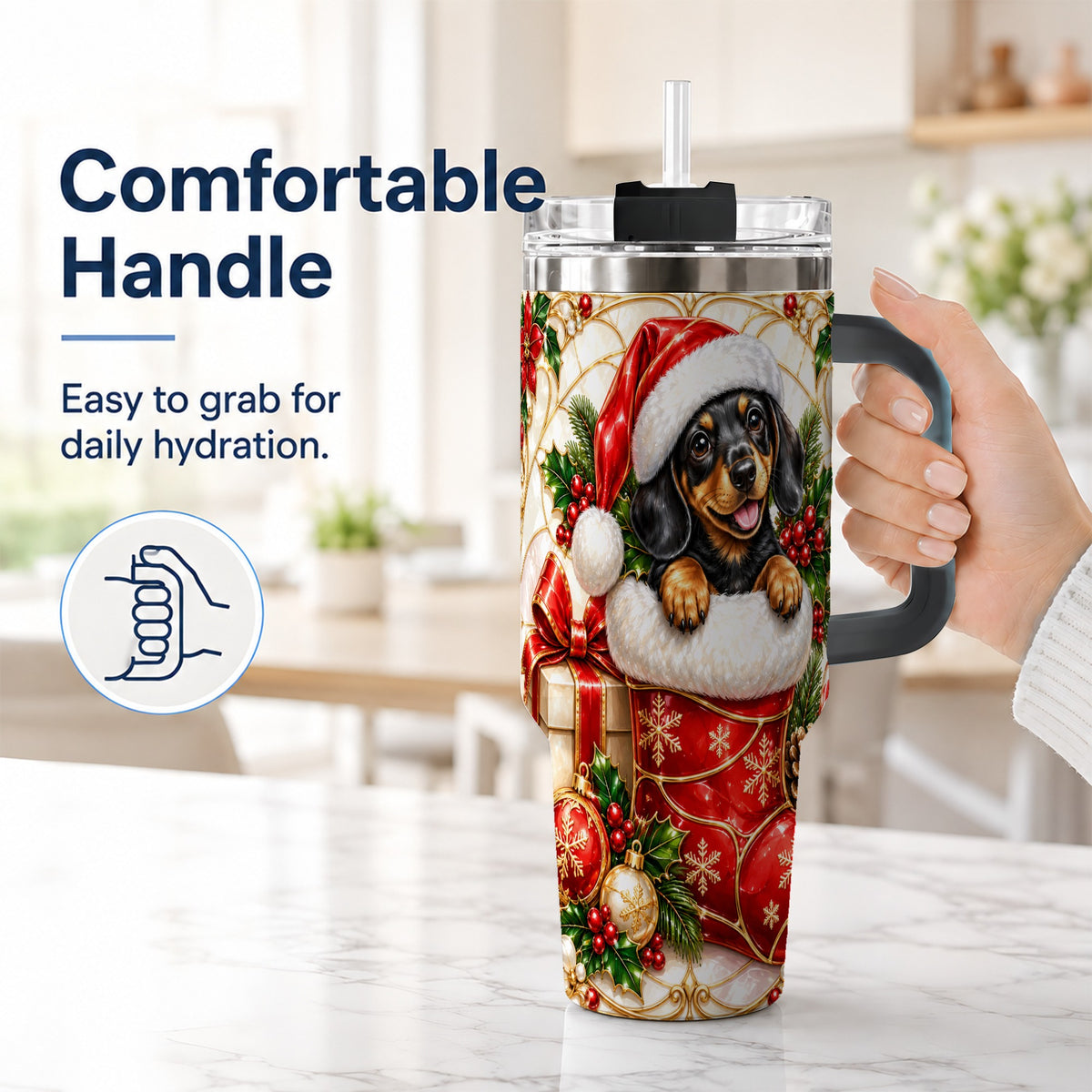 #pl[40oz|Black] Stained Glass Dachshund 40oz Tumbler with Handle, Christmas Dog Art