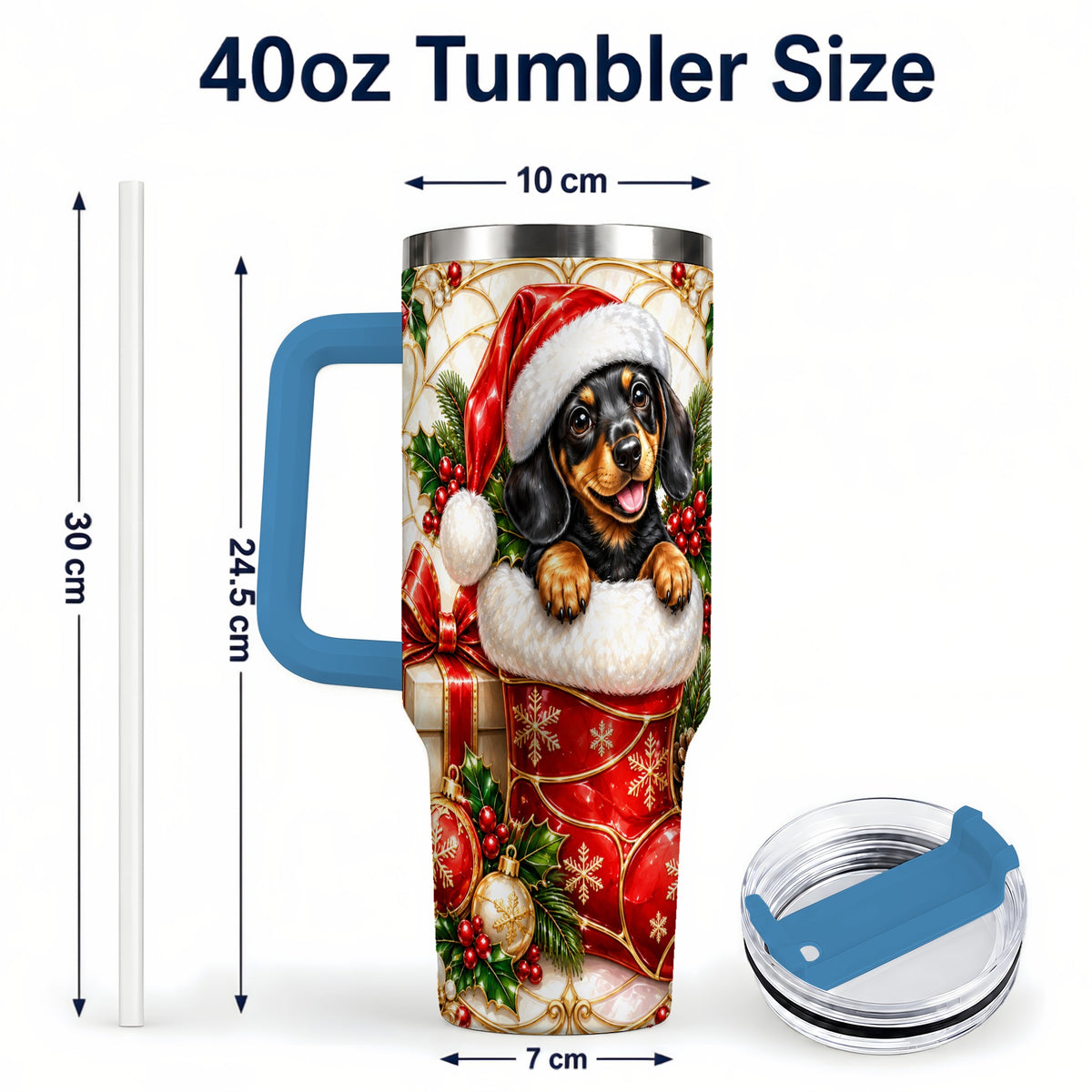 #pl[40oz|Blue] Stained Glass Dachshund 40oz Tumbler with Handle, Christmas Dog Art