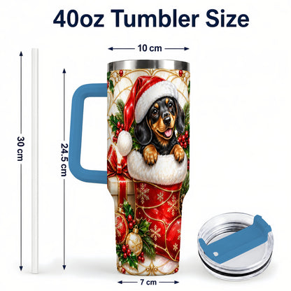 #pl[40oz|Blue] Stained Glass Dachshund 40oz Tumbler with Handle, Christmas Dog Art