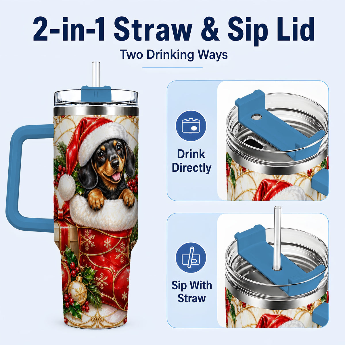 #pl[40oz|Blue] Stained Glass Dachshund 40oz Tumbler with Handle, Christmas Dog Art