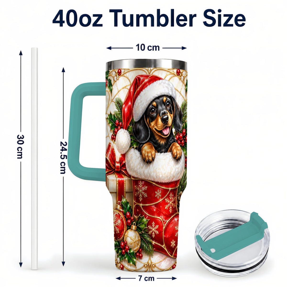 #pl[40oz|Green] Stained Glass Dachshund 40oz Tumbler with Handle, Christmas Dog Art