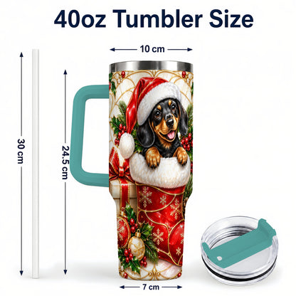#pl[40oz|Green] Stained Glass Dachshund 40oz Tumbler with Handle, Christmas Dog Art