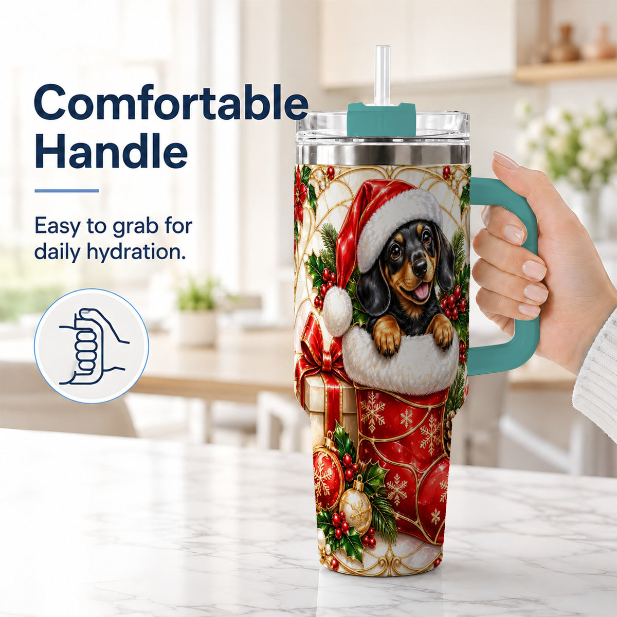 #pl[40oz|Green] Stained Glass Dachshund 40oz Tumbler with Handle, Christmas Dog Art