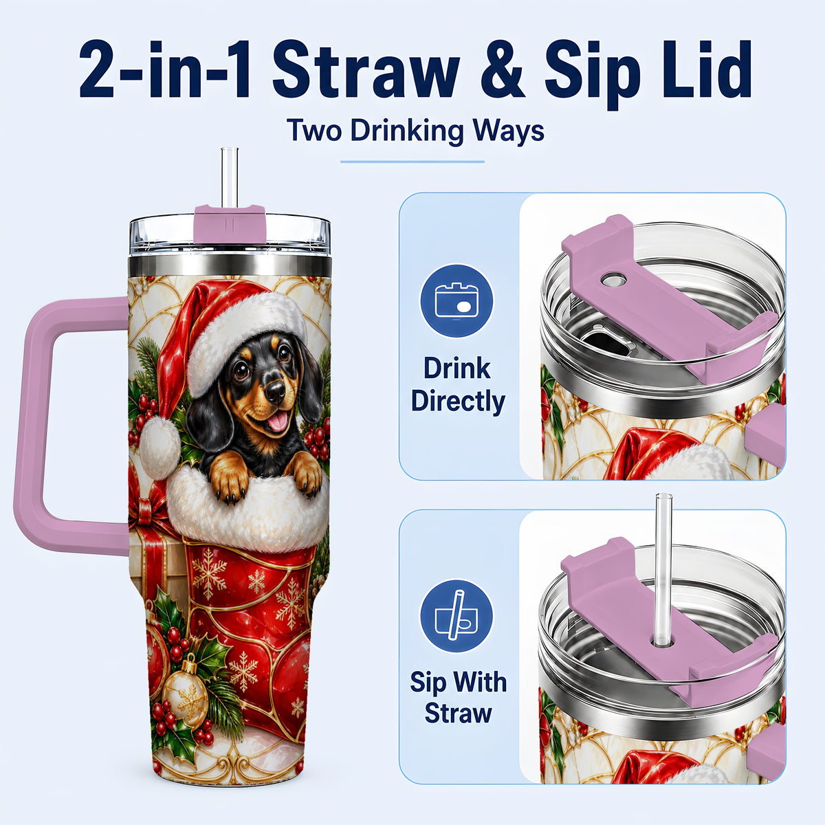 #pl[40oz|Pink] Stained Glass Dachshund 40oz Tumbler with Handle, Christmas Dog Art