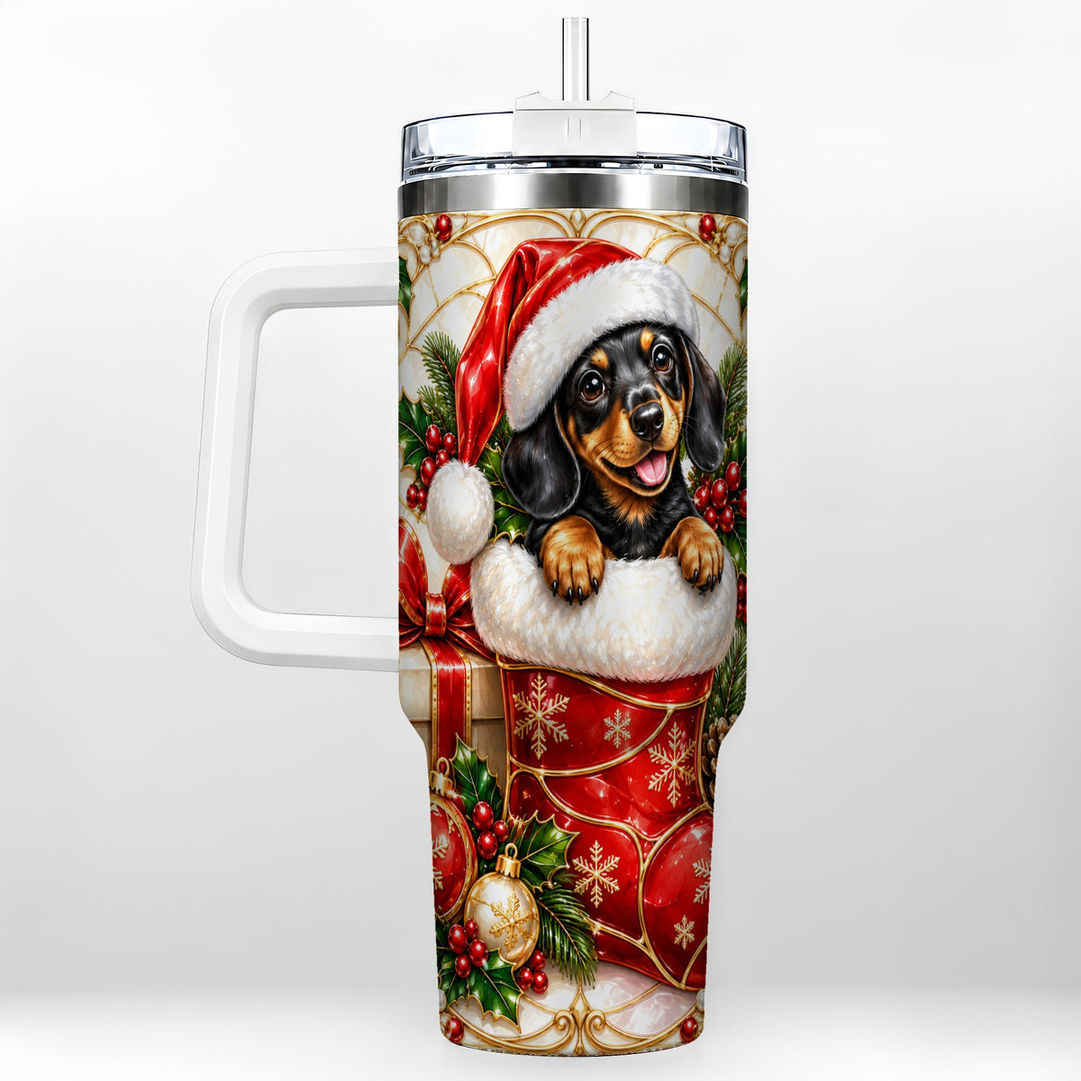 Stained Glass Dachshund 40oz Tumbler with Handle, Christmas Dog Art