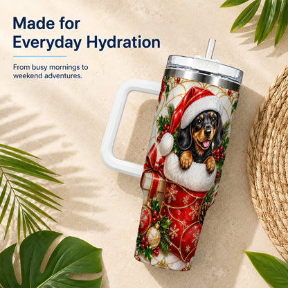 Stained Glass Dachshund 40oz Tumbler with Handle, Christmas Dog Art