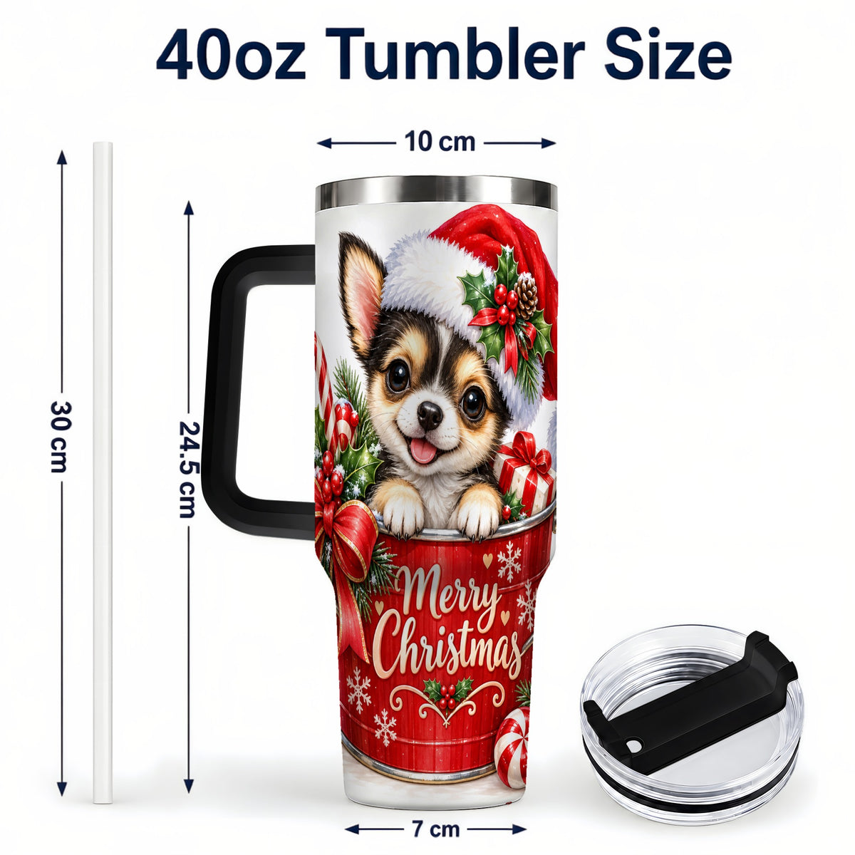 #pl[40oz|Black] Christmas Chihuahua 40oz Tumbler with Handle, Merry Christmas Puppy