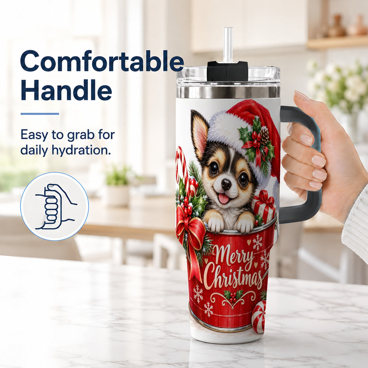#pl[40oz|Black] Christmas Chihuahua 40oz Tumbler with Handle, Merry Christmas Puppy