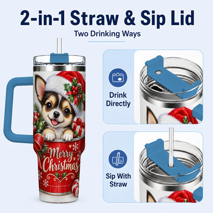 #pl[40oz|Blue] Christmas Chihuahua 40oz Tumbler with Handle, Merry Christmas Puppy