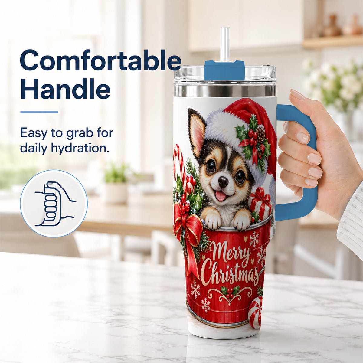#pl[40oz|Blue] Christmas Chihuahua 40oz Tumbler with Handle, Merry Christmas Puppy