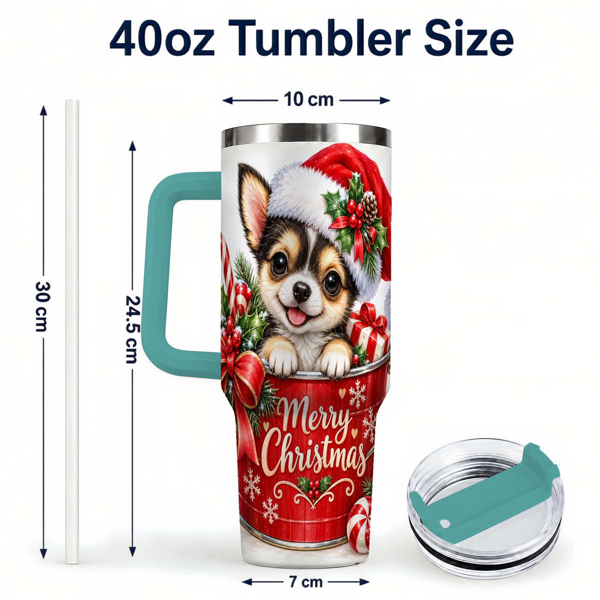 #pl[40oz|Green] Christmas Chihuahua 40oz Tumbler with Handle, Merry Christmas Puppy