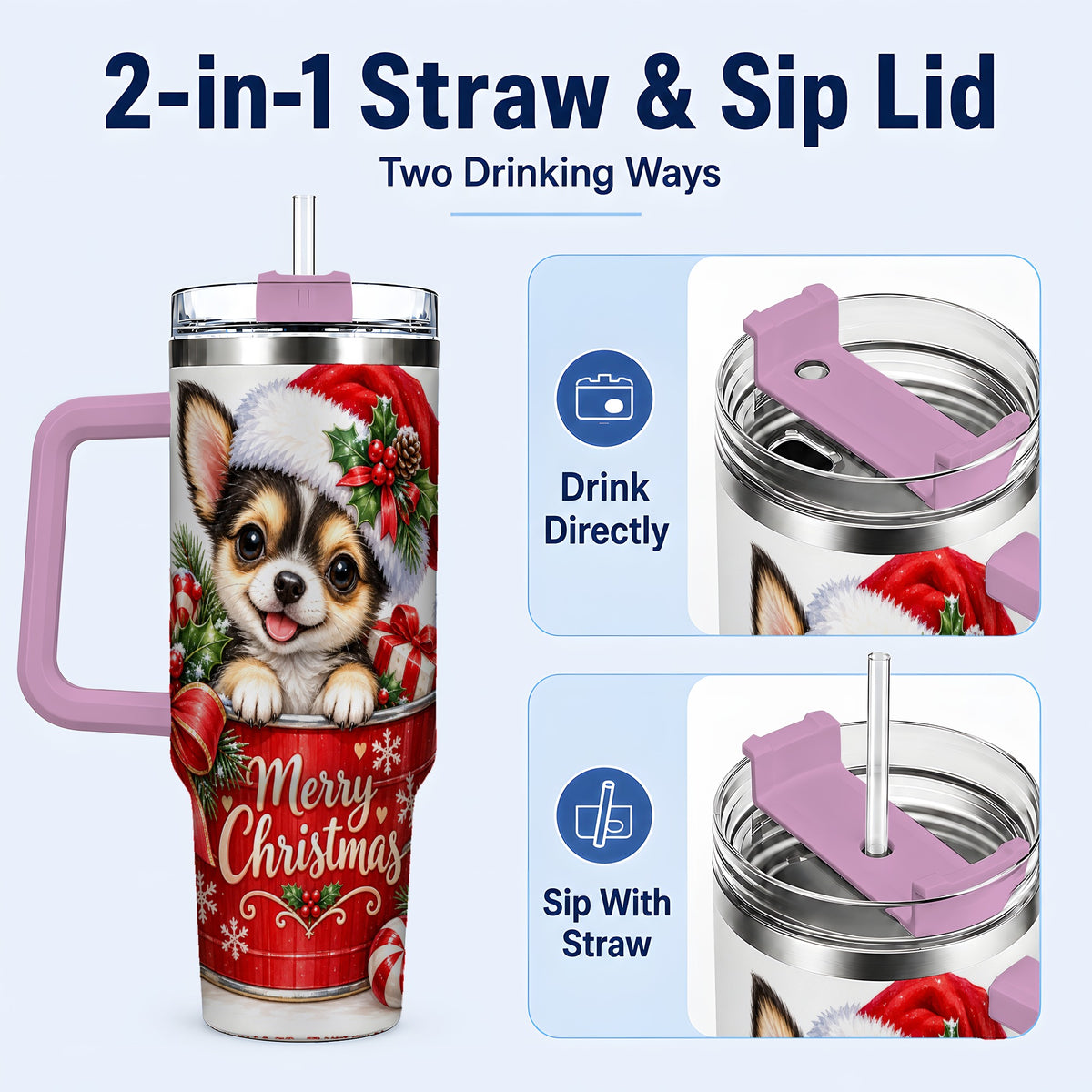 #pl[40oz|Pink] Christmas Chihuahua 40oz Tumbler with Handle, Merry Christmas Puppy