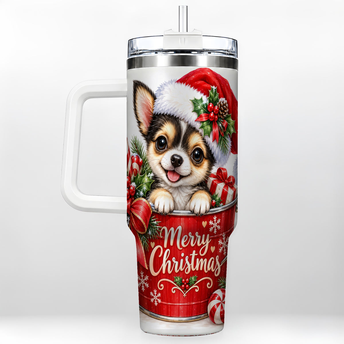 Christmas Chihuahua 40oz Tumbler with Handle, Merry Christmas Puppy