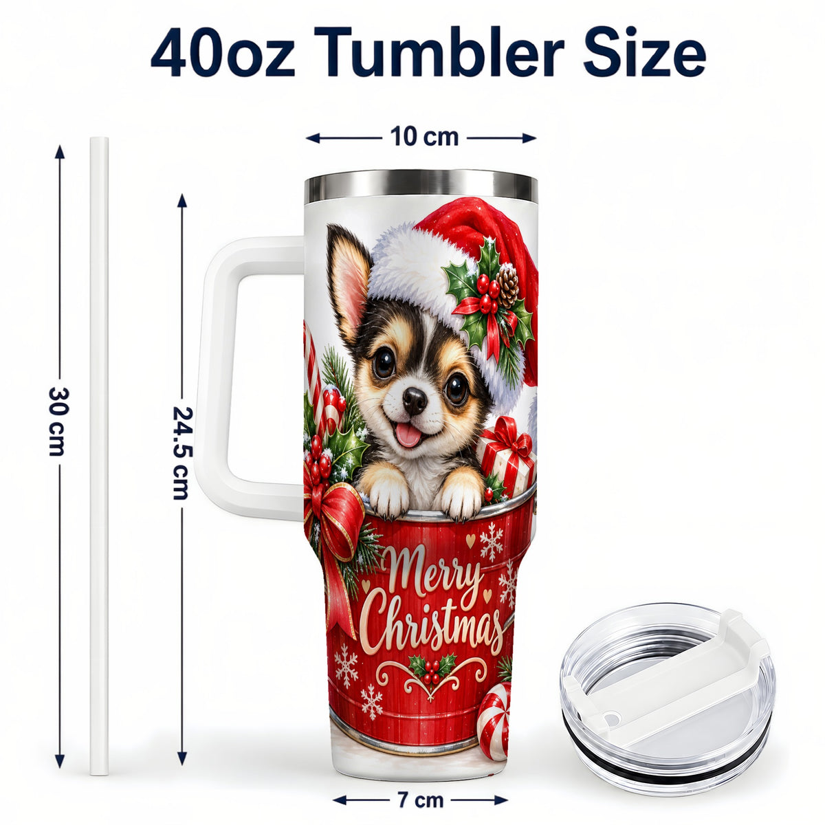 #pl[40oz|White] Christmas Chihuahua 40oz Tumbler with Handle, Merry Christmas Puppy
