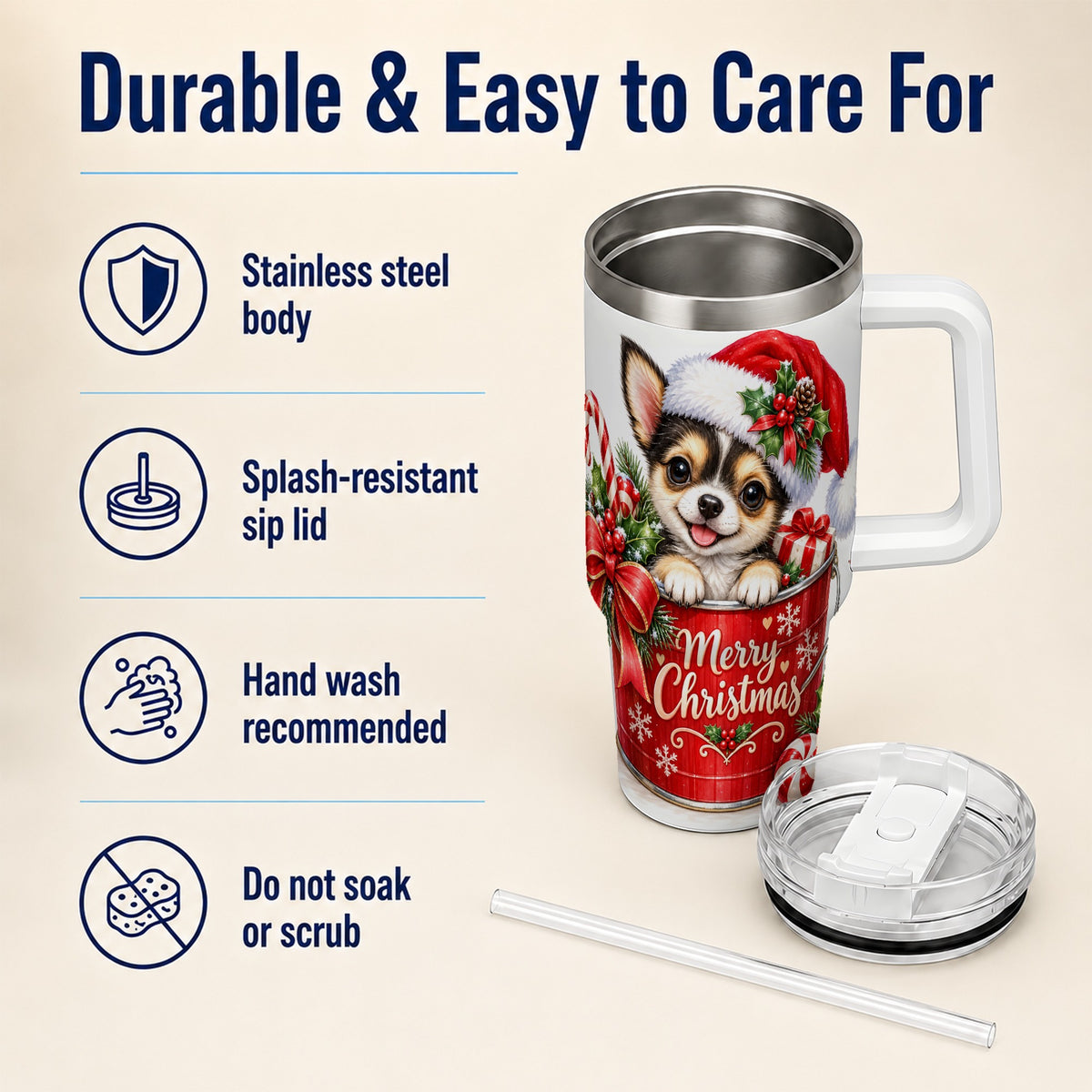 Christmas Chihuahua 40oz Tumbler with Handle, Merry Christmas Puppy