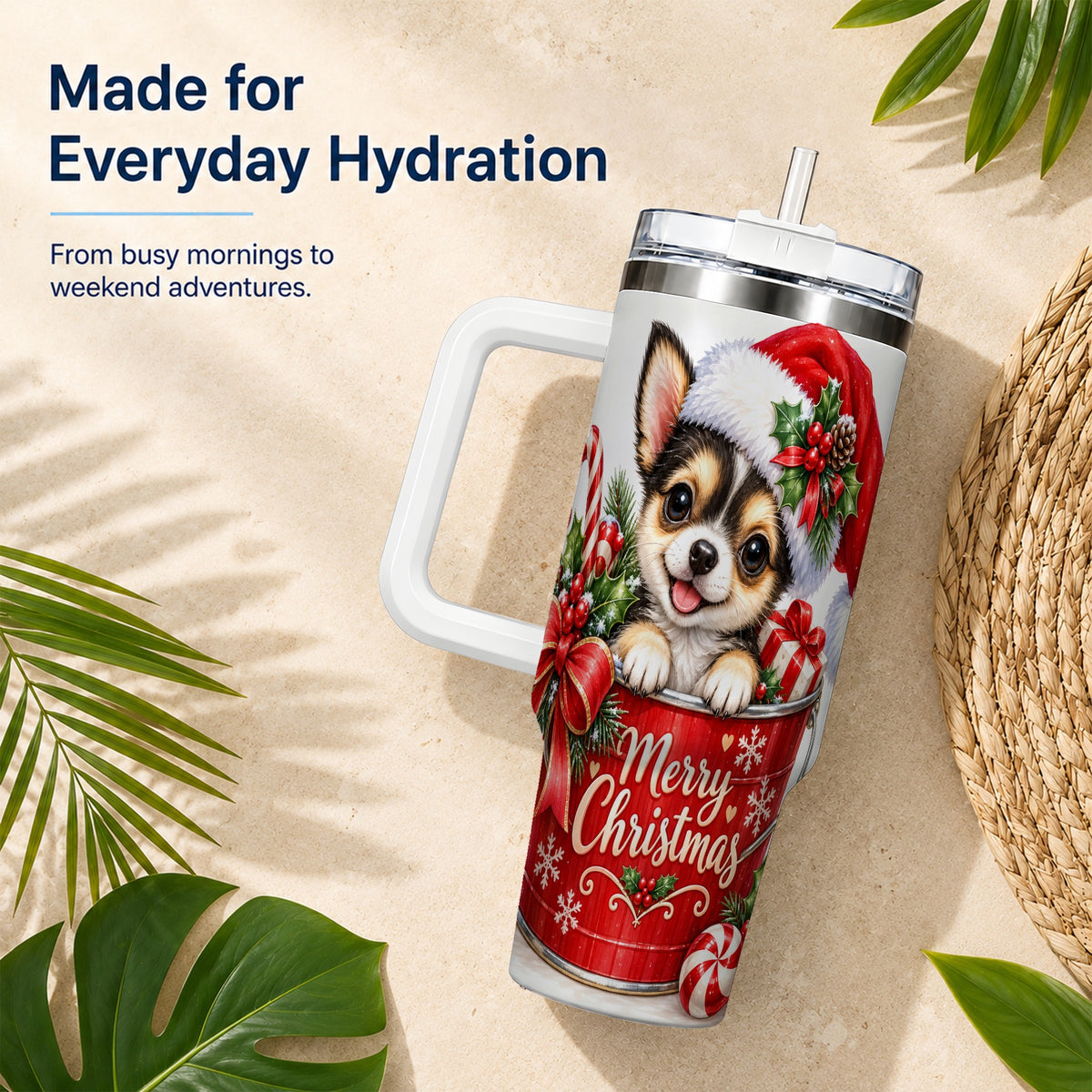 Christmas Chihuahua 40oz Tumbler with Handle, Merry Christmas Puppy