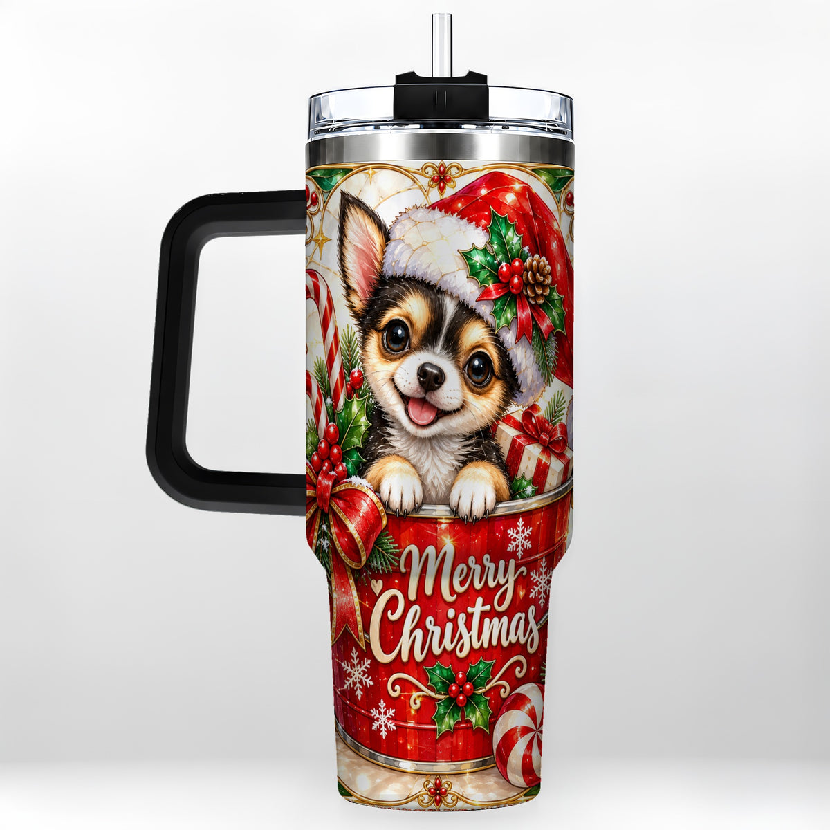 #pl[40oz|Black] Christmas Chihuahua 40oz Tumbler with Handle, Holiday Dog Travel Cup