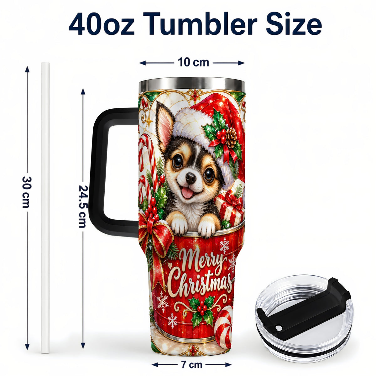 #pl[40oz|Black] Christmas Chihuahua 40oz Tumbler with Handle, Holiday Dog Travel Cup