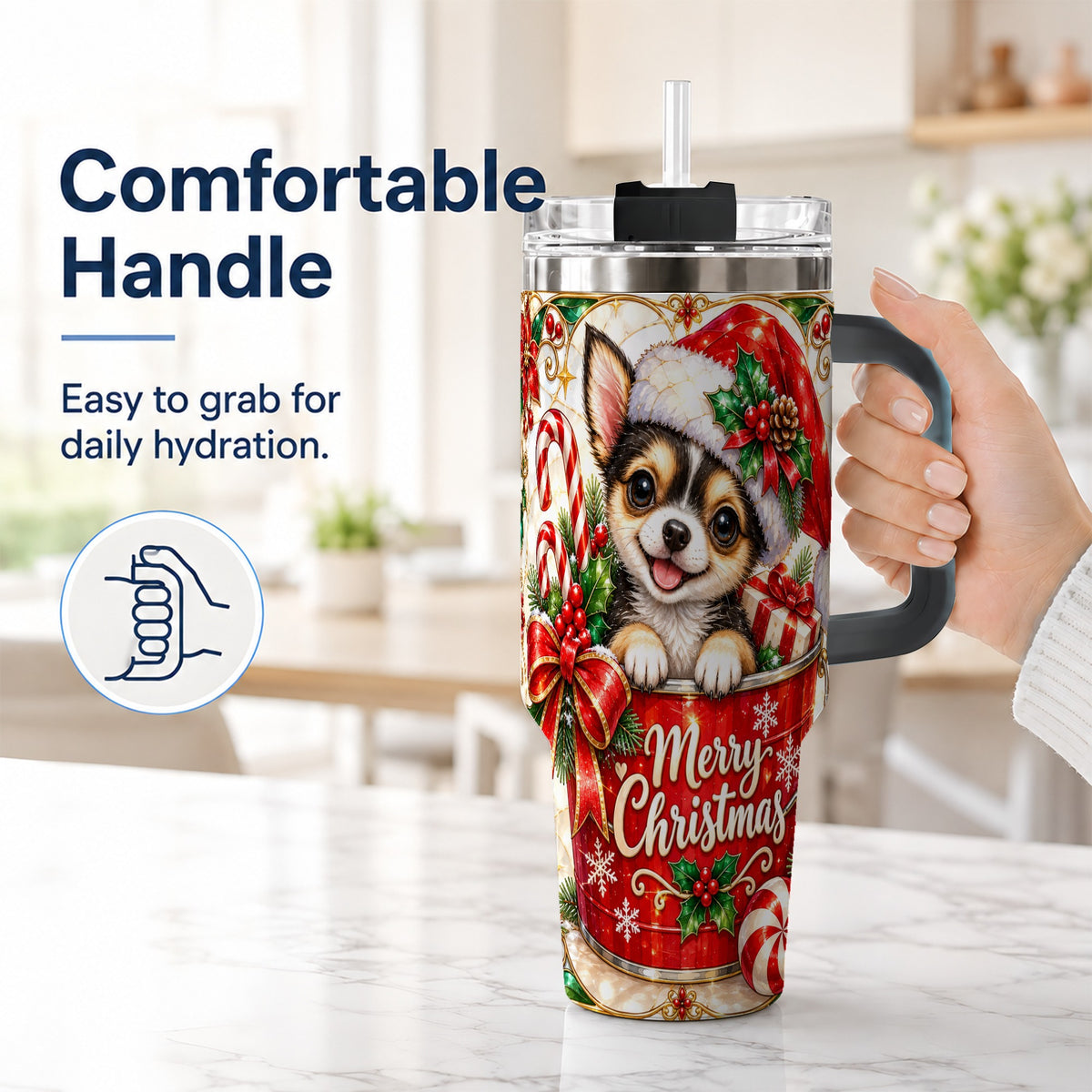 #pl[40oz|Black] Christmas Chihuahua 40oz Tumbler with Handle, Holiday Dog Travel Cup