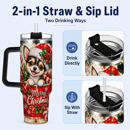 #pl[40oz|Black] Christmas Chihuahua 40oz Tumbler with Handle, Holiday Dog Travel Cup