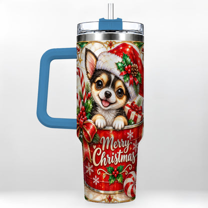 #pl[40oz|Blue] Christmas Chihuahua 40oz Tumbler with Handle, Holiday Dog Travel Cup