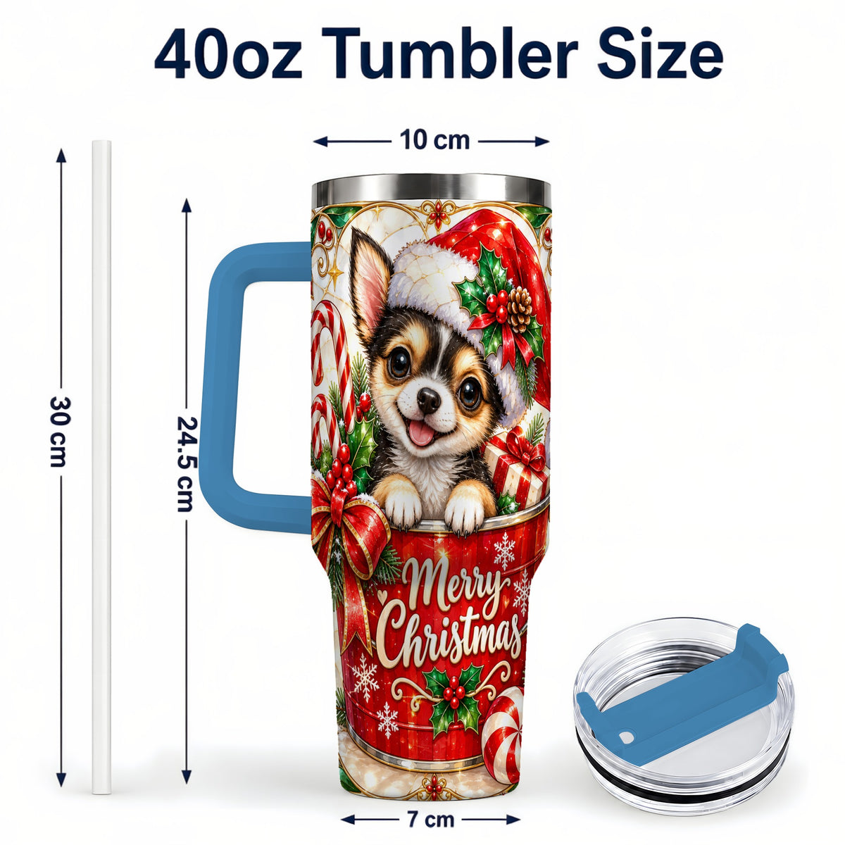 #pl[40oz|Blue] Christmas Chihuahua 40oz Tumbler with Handle, Holiday Dog Travel Cup